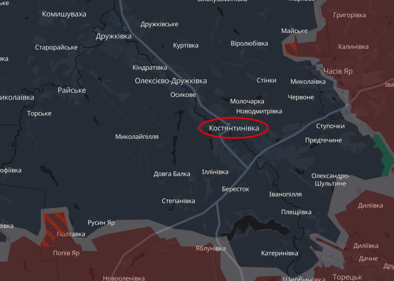 На Костянтинівському напрямку армія РФ просунулась на двох ділянках — карта